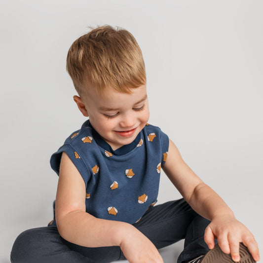 Toddler wearing soft cotton navy fox t-shirt - comfortable quality children's clothing