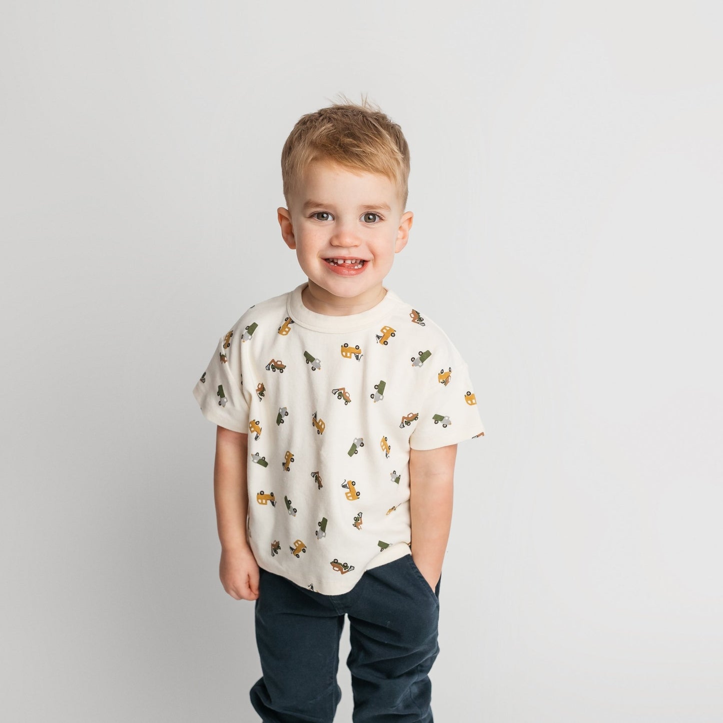 Toddler wearing soft cotton truck t-shirt - comfortable quality children's clothing