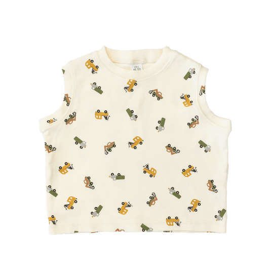 Soft cotton kids sleeveless t-shirt in cream with truck print - quality toddler graphic tee