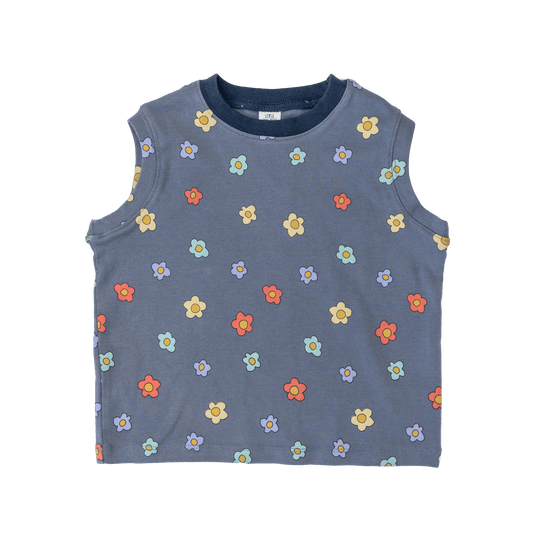 Soft cotton kids sleeveless shirt with blue daisy print - quality children's clothing by Little Love Tees