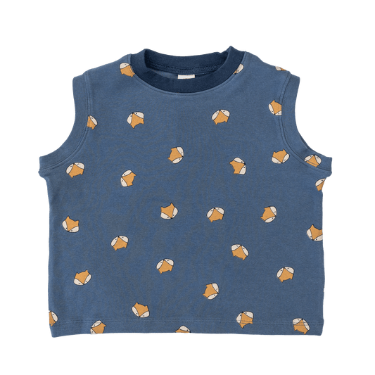 Premium toddler sleeveless shirt in navy blue with fox design - soft cotton kids clothing