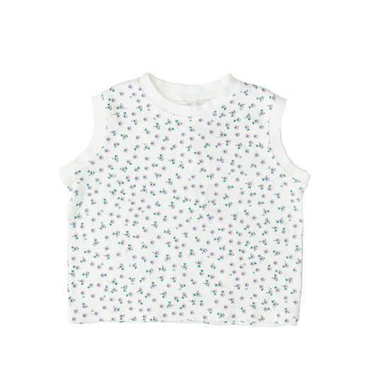 Soft cotton toddler sleeveless shirt in white with purple floral design - quality kids clothing