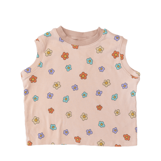 Soft cotton toddler sleeveless shirt in pink with daisy print - boutique children's clothing