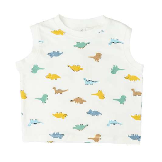 Soft cotton children's sleeveless shirt in white with colorful dinosaur design - quality kids clothing