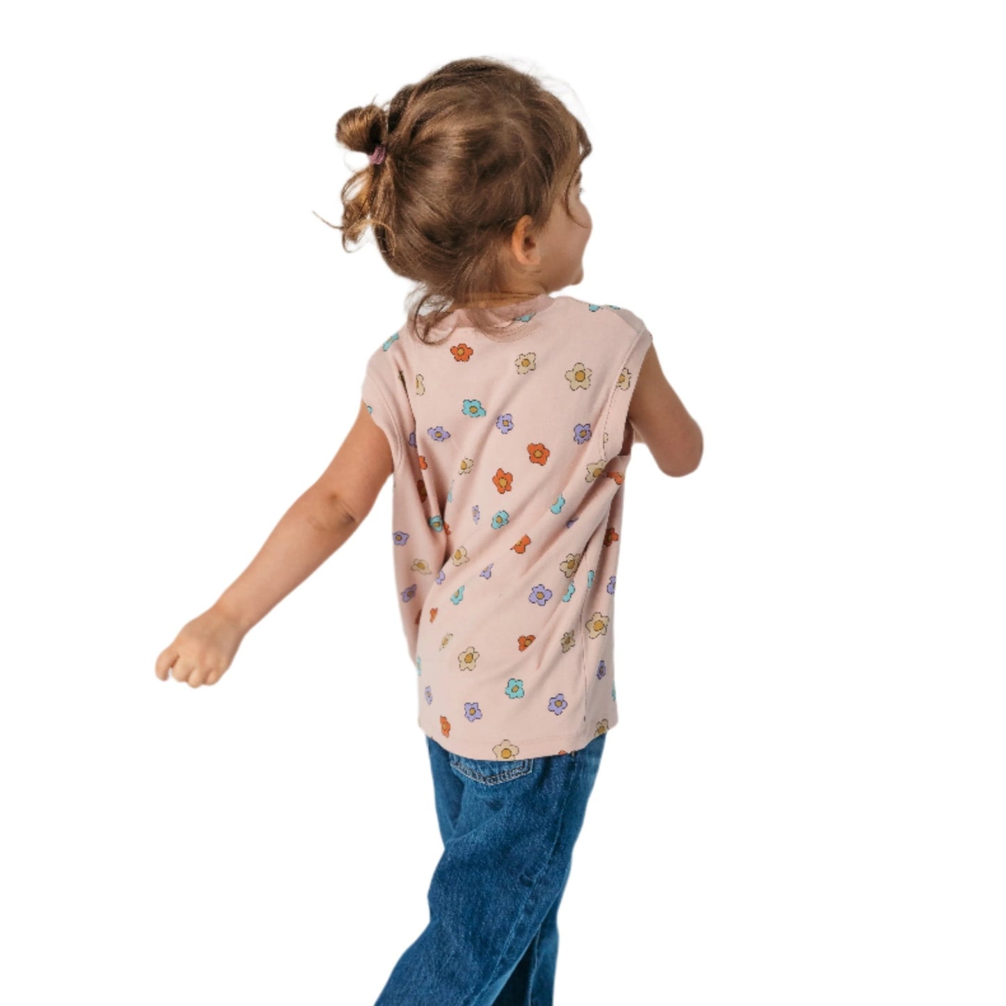 Toddler wearing soft cotton blue daisy t-shirt in relaxed oversized fit - comfortable quality children's clothing