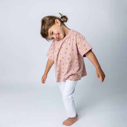 Toddler wearing soft high quality mauve mandarin t-shirt in relaxed oversized fit - comfortable quality children's clothing