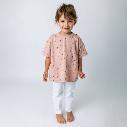 Toddler wearing soft high quality mauve mandarin t-shirt in relaxed oversized fit - comfortable quality children's clothing