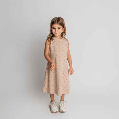Toddler wearing soft cotton tan lemon maxi dress - comfortable quality children's clothing