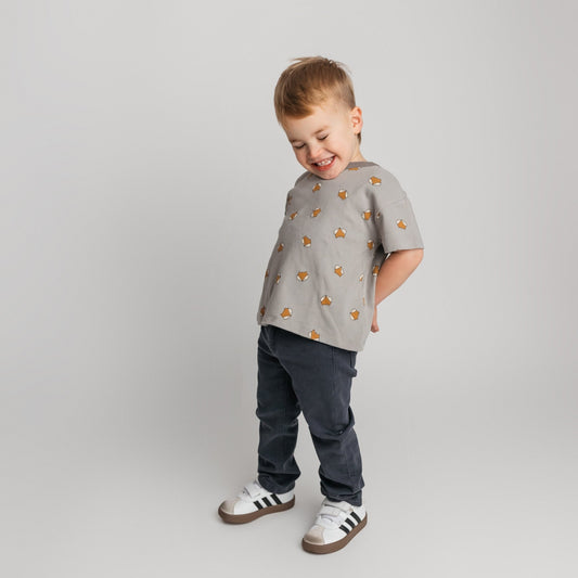 Toddler wearing soft cotton grey fox t-shirt in relaxed oversized fit - comfortable quality children's clothing