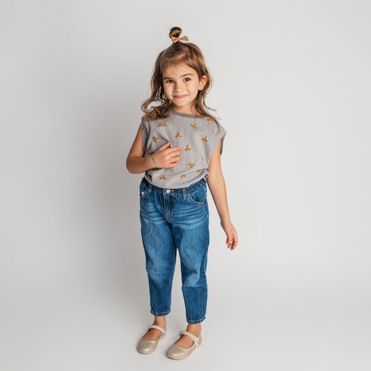 Child modeling grey soft cotton fox t-shirt in cool oversized style - boutique children's clothing basics