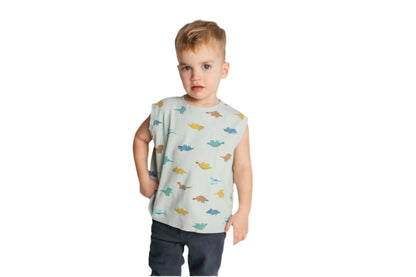 Toddler wearing soft cotton dino mint green sleeveless relaxed oversized fit - comfortable quality children's clothing
