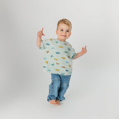 Toddler wearing soft cotton dino mint green sleeveless relaxed oversized fit - comfortable quality children's clothing